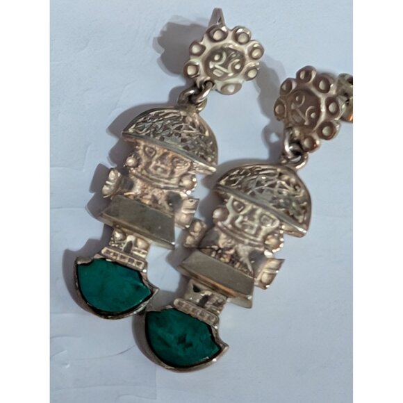 Peruvian Sterling Silver & Turquoise Inca Warrior Pendant & Earrings Set - Picture 3 of 4